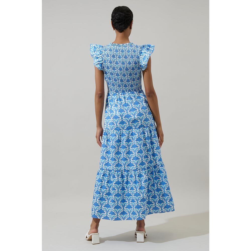 Sugar Lips Blue + White Geo Sunfire Elyse Tiered Cap Sleeve Midi Dress Medium - Picture 9 of 12